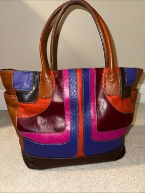 Vintahge Liz Claiborne Leather Patchwork Tote — Brown, Pink & Blue & Orange
